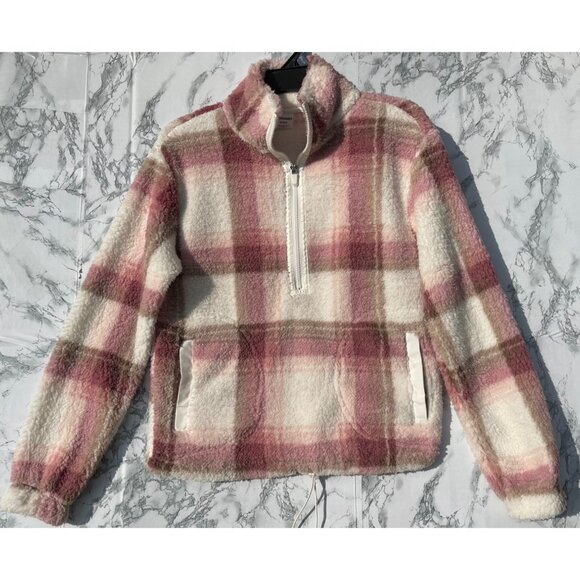 No Boundaries XS Pink Plaid 1/4 Zip Pullover 100% Recycled Polyester Soft & Cozy - Picture 1 of 6